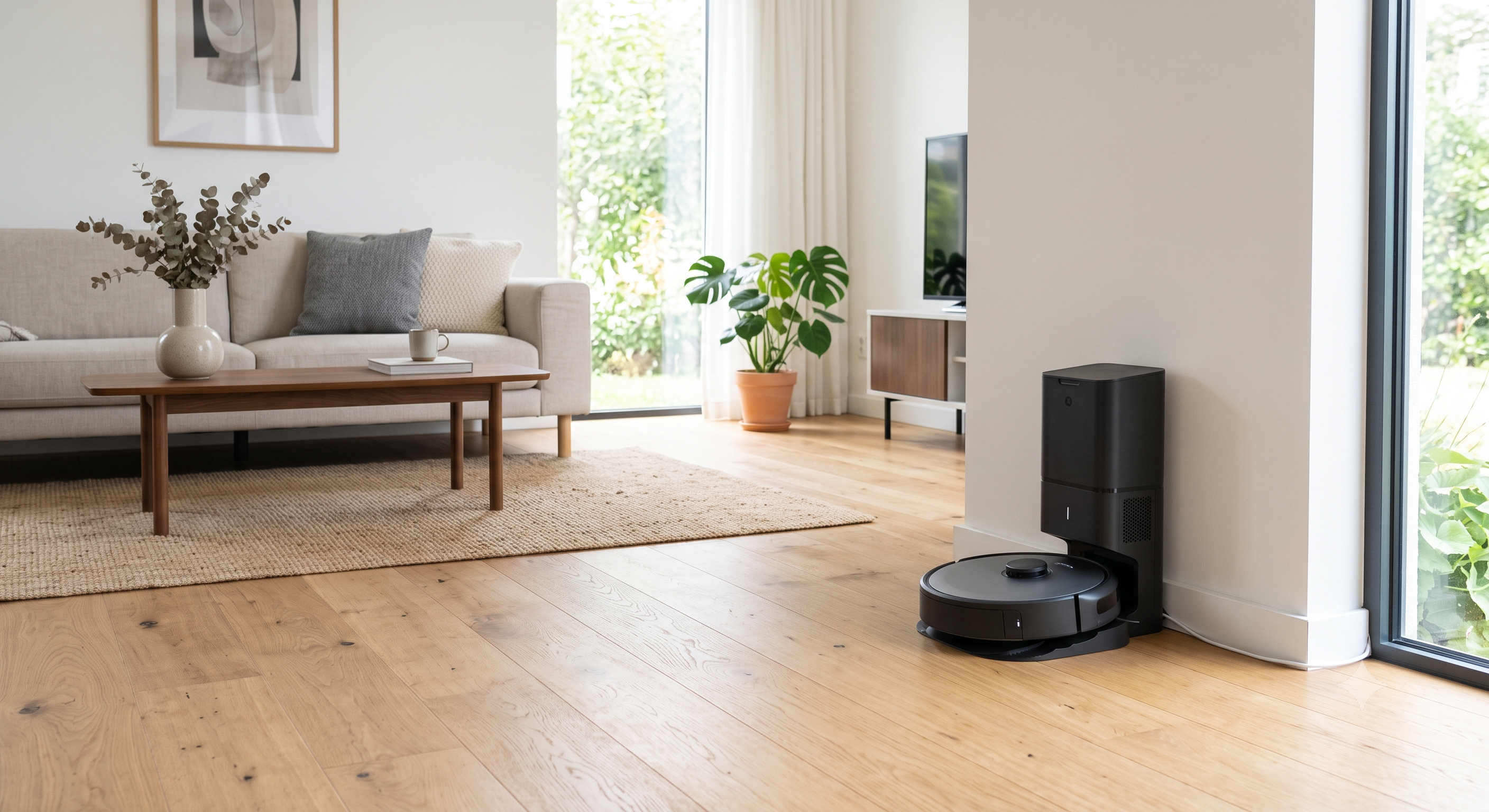 Robot vacuum docked at a self-empty station in a modern living room
