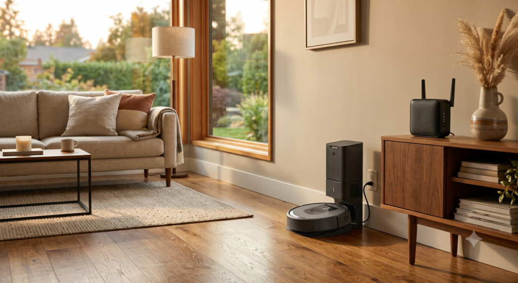 Smart home living room with a robot vacuum charging dock near a wifi router
