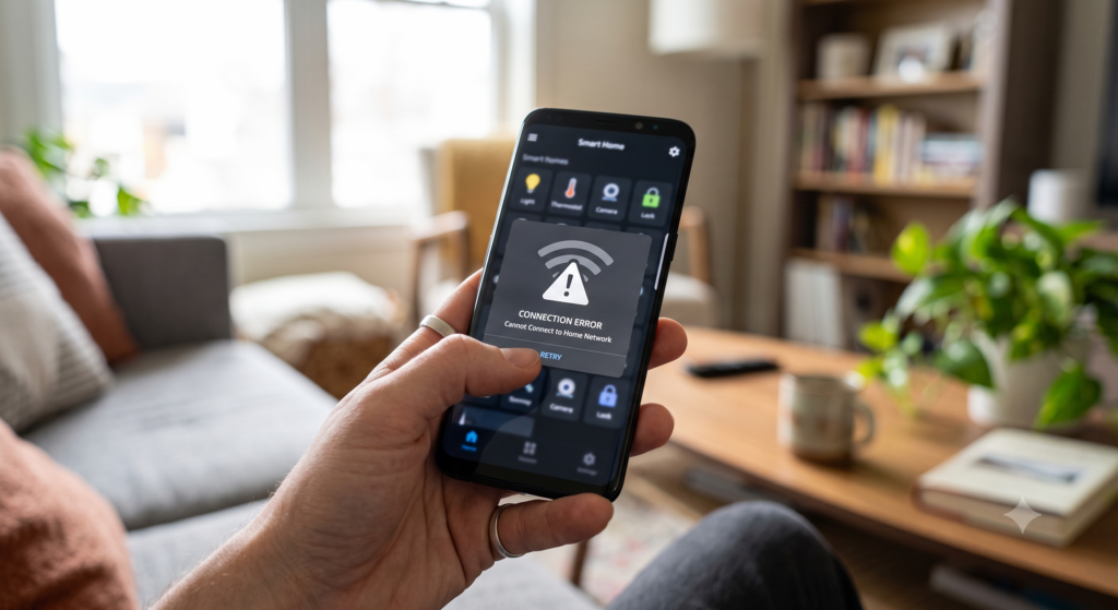 Smartphone showing a smart home app with a wifi connection error