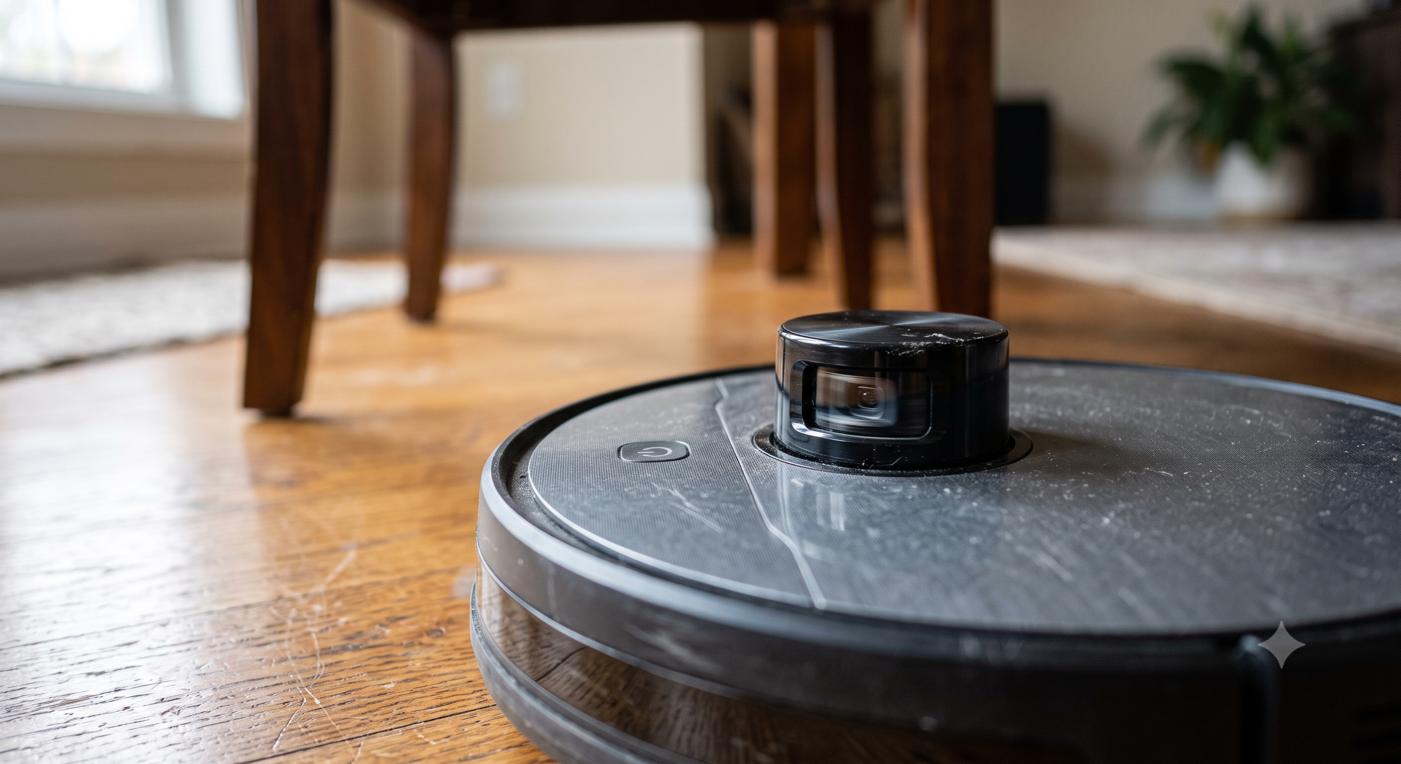 Close-up of a robot vacuum LiDAR turret sensor navigating near furniture legs