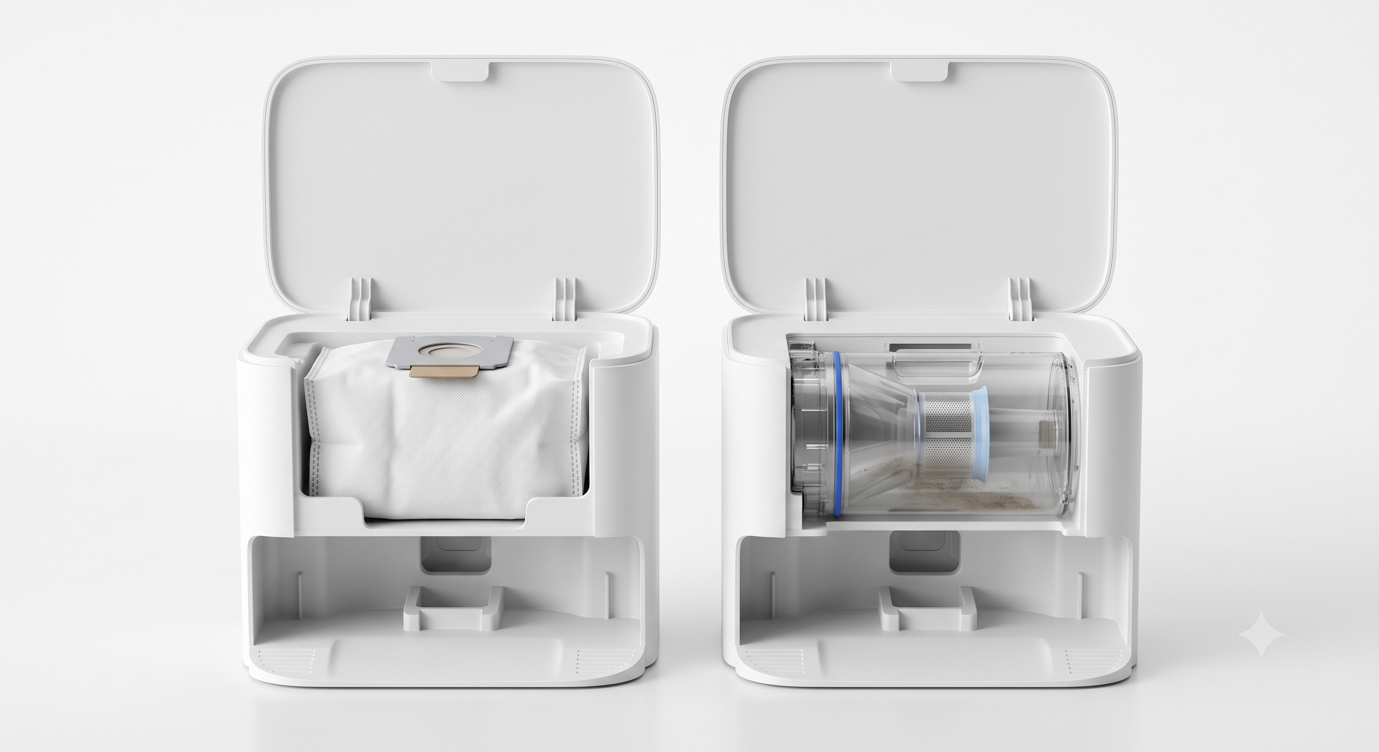 Side-by-side comparison of a bagged and a bagless cyclonic robot vacuum self-empty base station