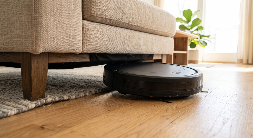 Robot vacuum stuck under the edge of a low sofa
