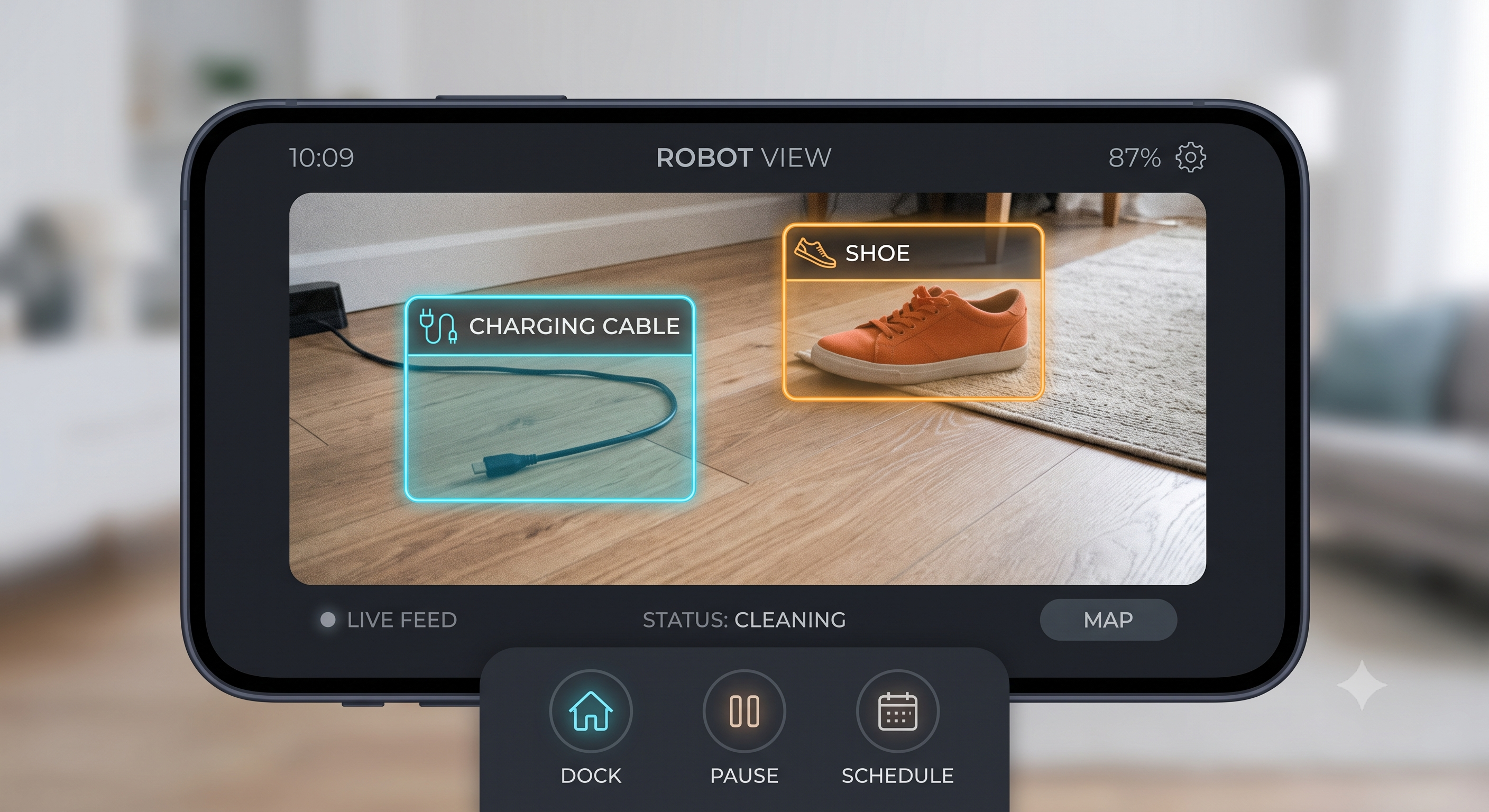 Smartphone app showing robot vacuum AI obstacle detection identifying a charging cable and a shoe