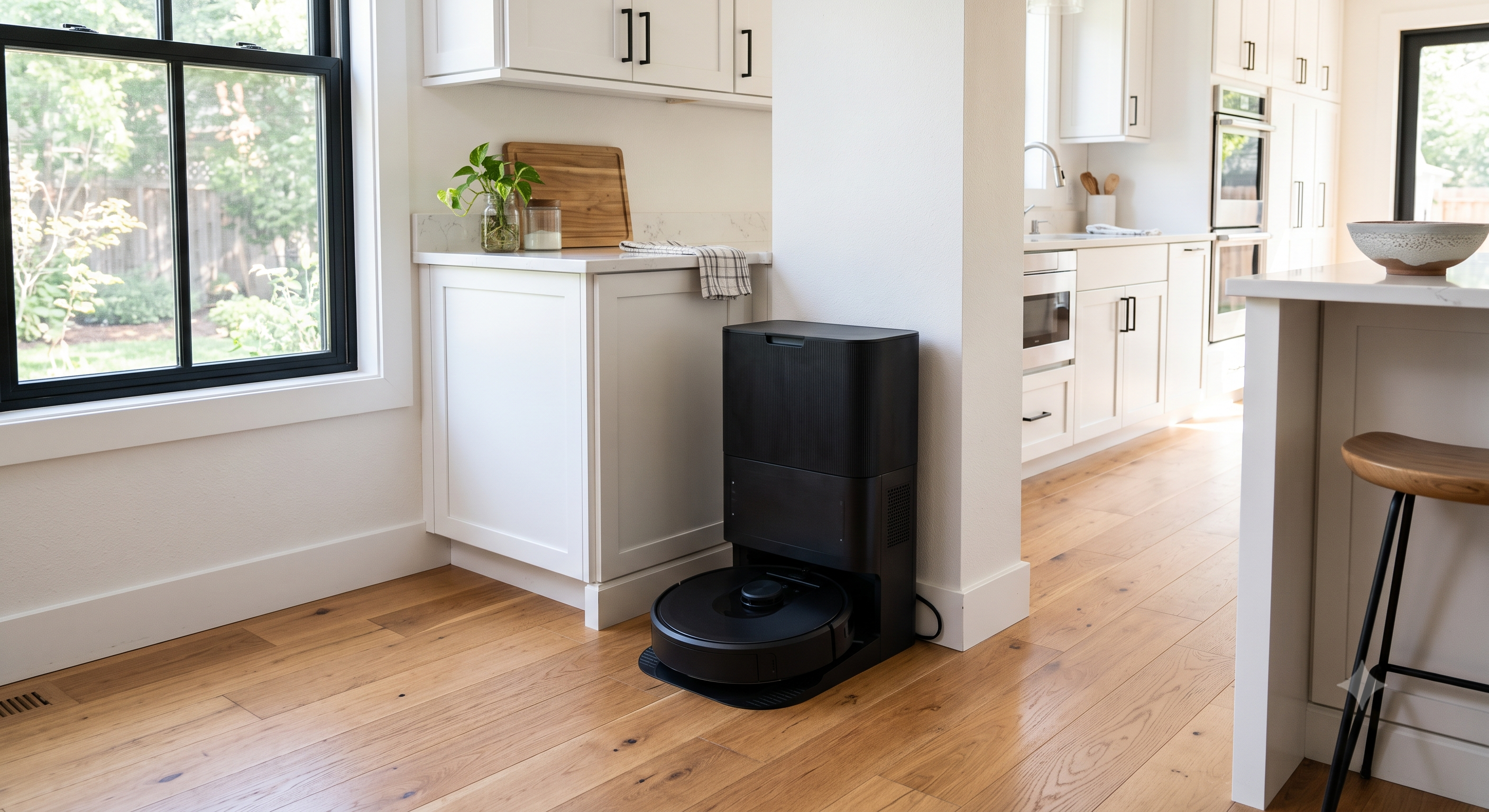 Robot vacuum with tall self-empty self-wash base station in a bright modern kitchen