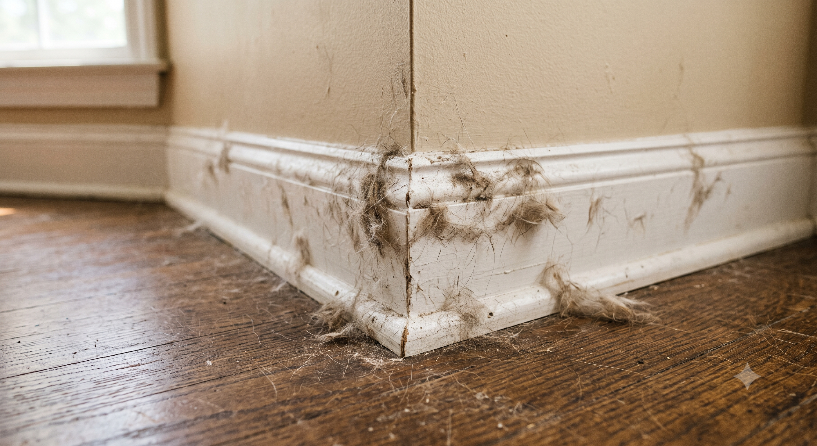 Pet hair static-clinging to a white baseboard corner on a hardwood floor