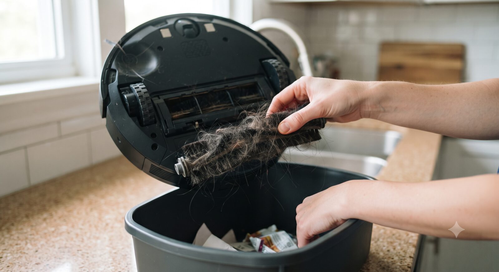 Hand removing tangled hair from a robot vacuum brush roll