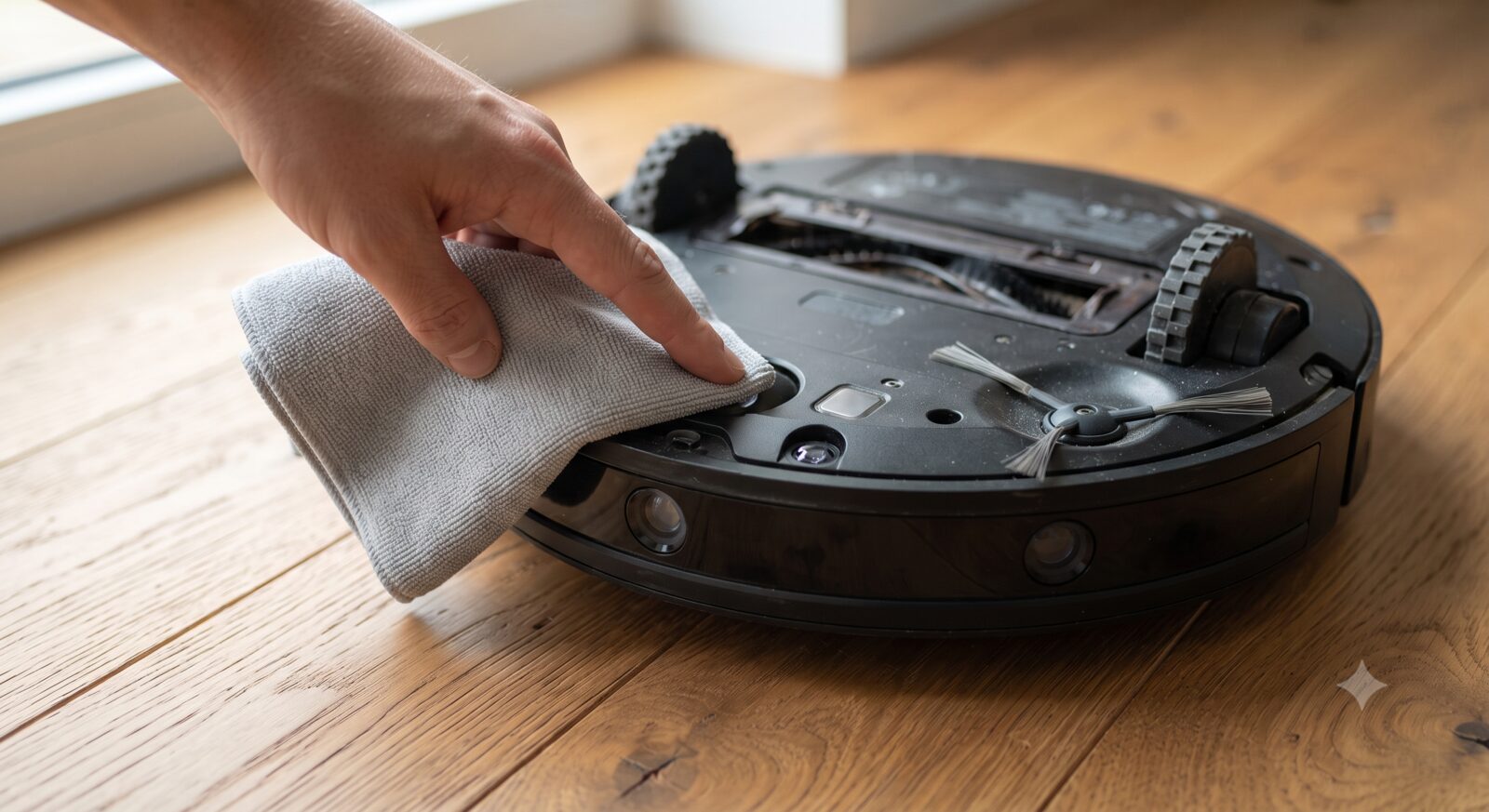 Hand cleaning the underside cliff sensor of a robot vacuum