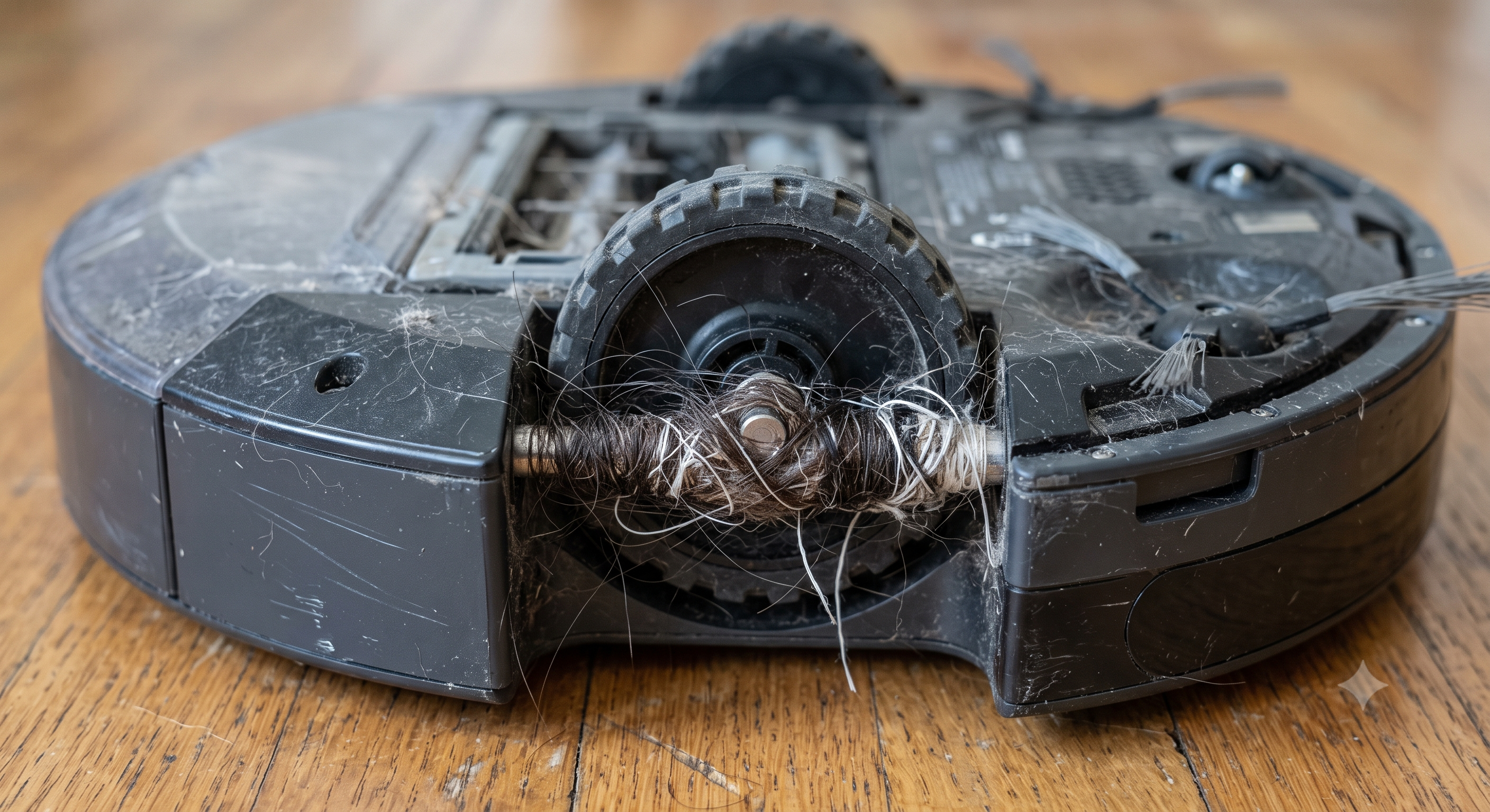 Underside of a robot vacuum showing a drive wheel with hair wrapped tightly around the axle