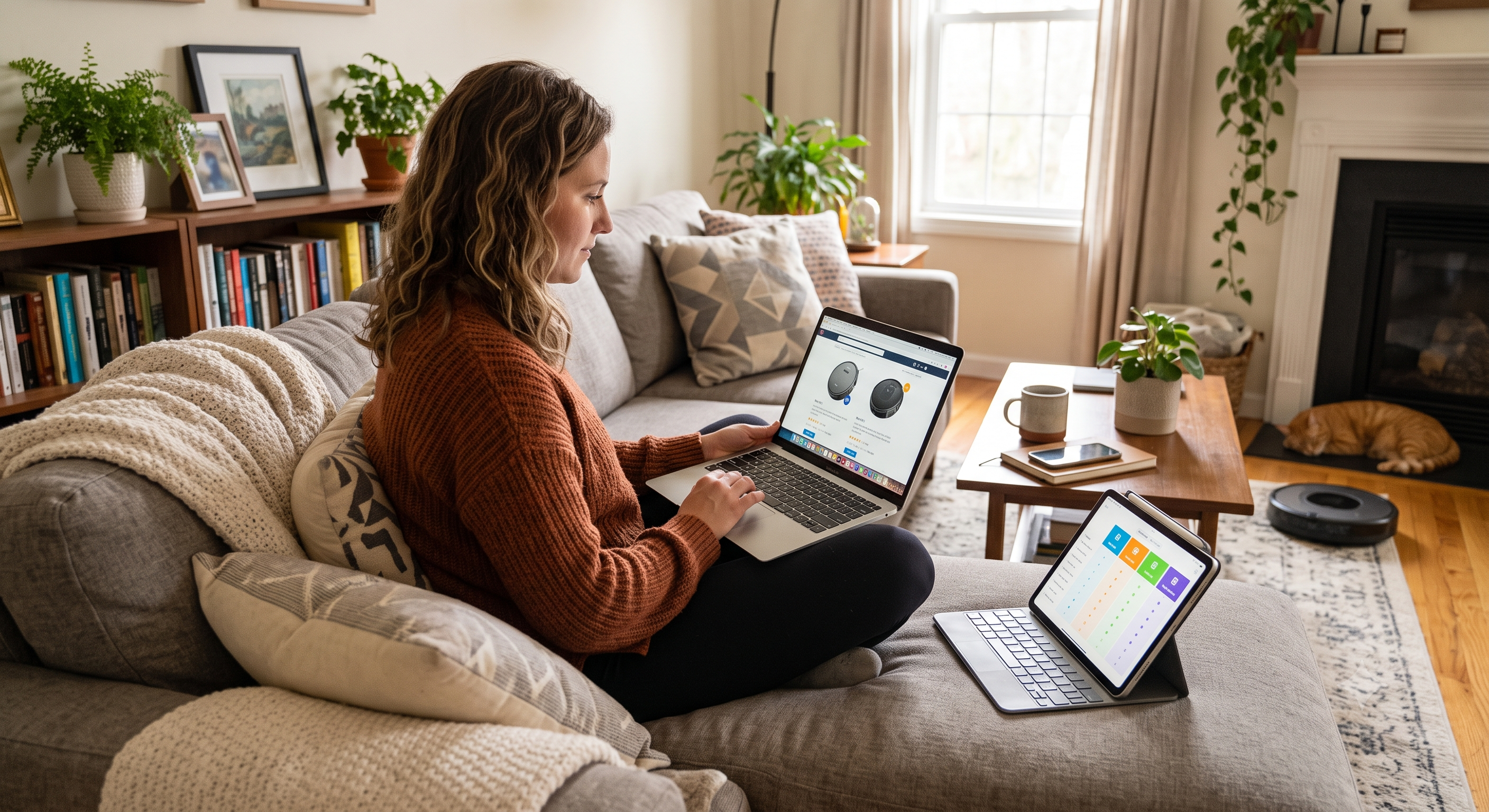Person on a couch comparing robot vacuum options on a laptop