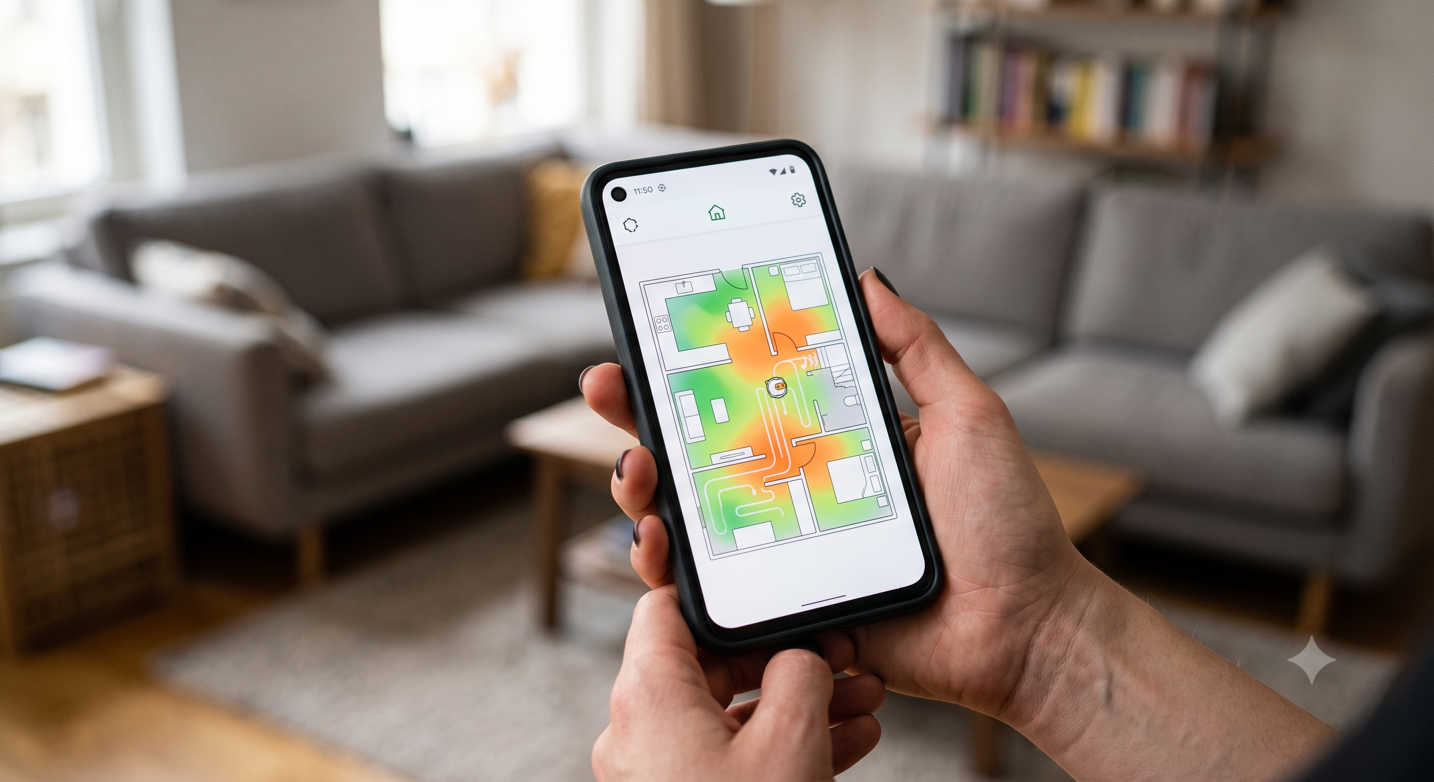 Smartphone showing a robot vacuum app cleaning coverage heatmap