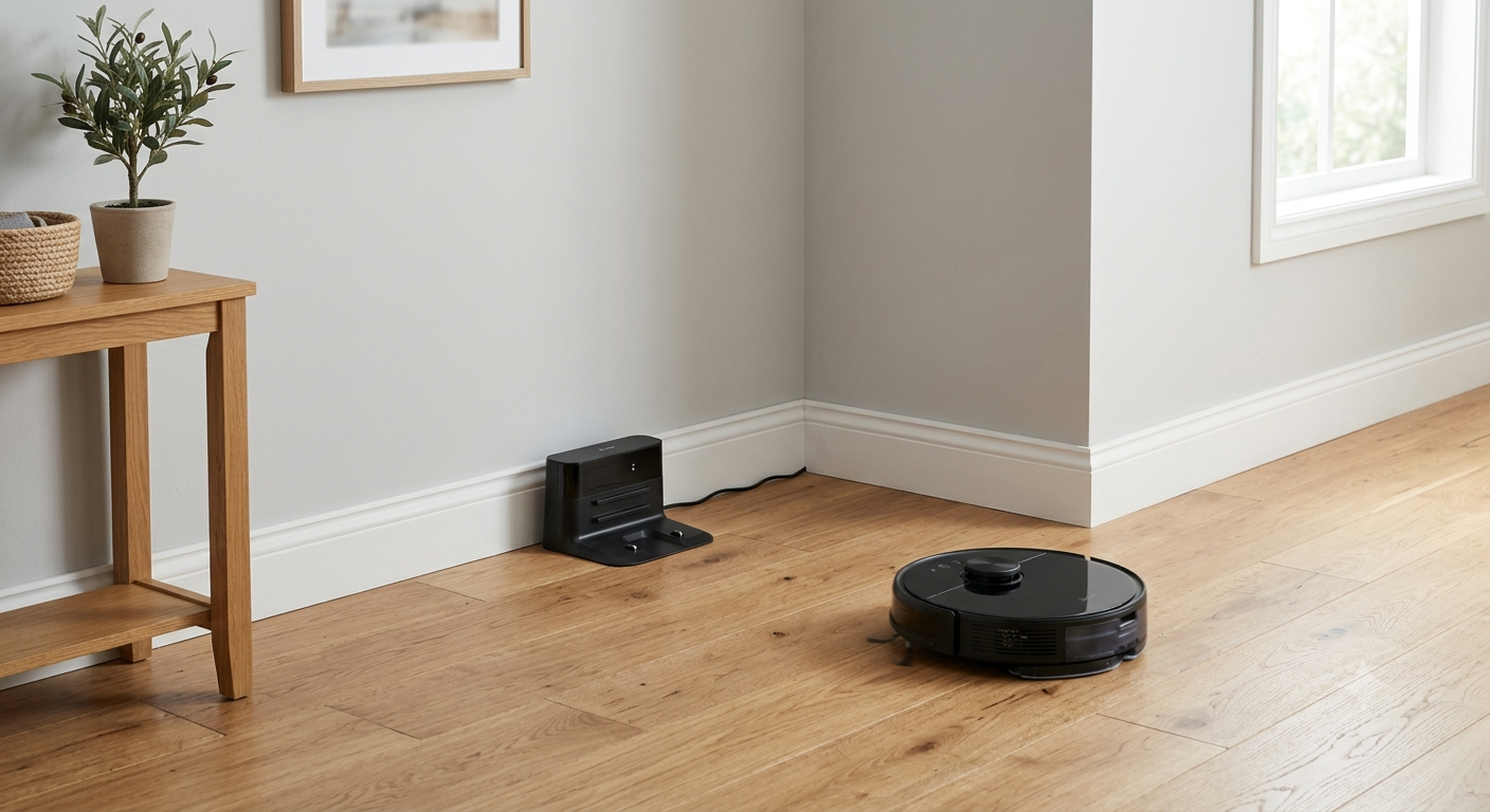 Robot vacuum charging dock with open clear space on either side for docking approach