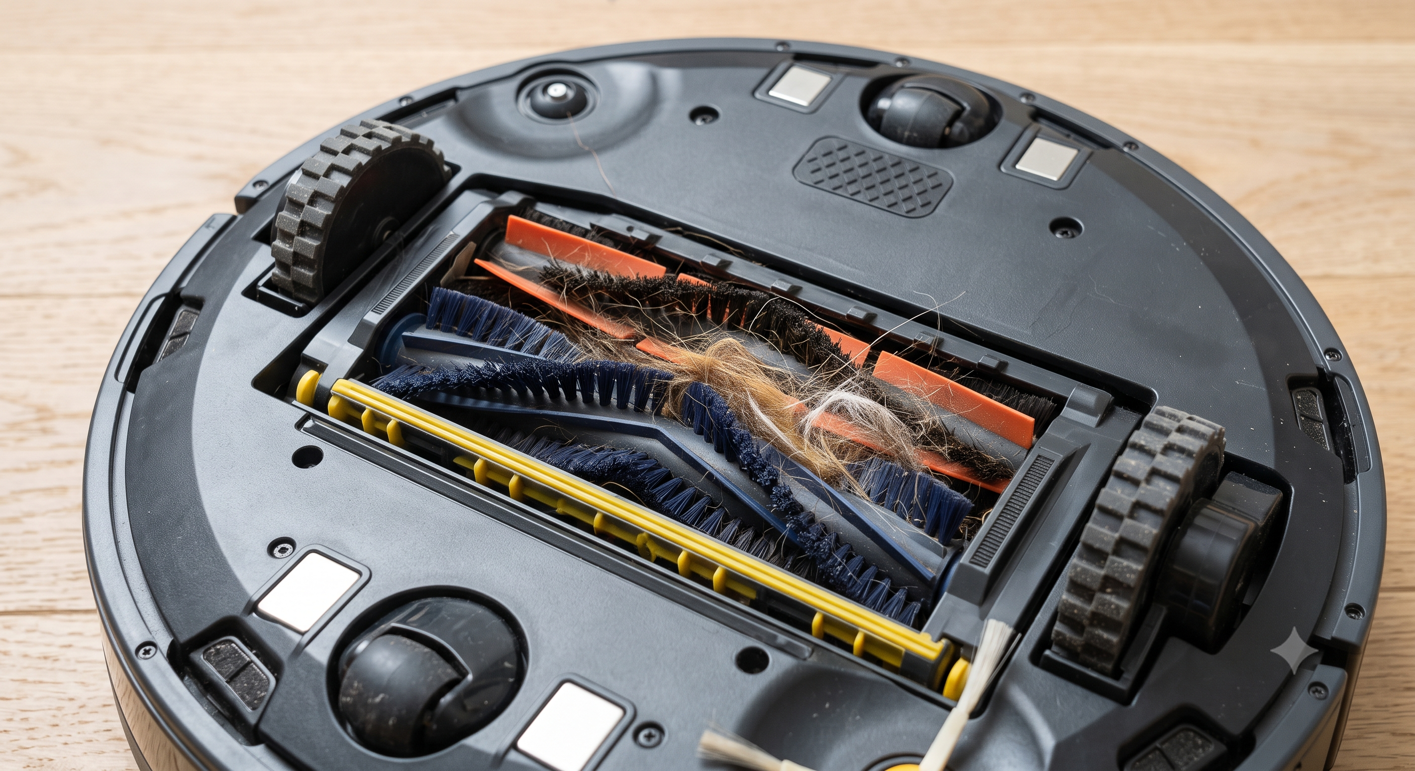 Underside of robot vacuum showing dual counter-rotating brush rollers combing pet hair