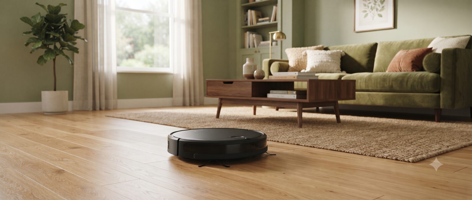 Robot vacuum cleaning a hardwood floor in a sage green living room
