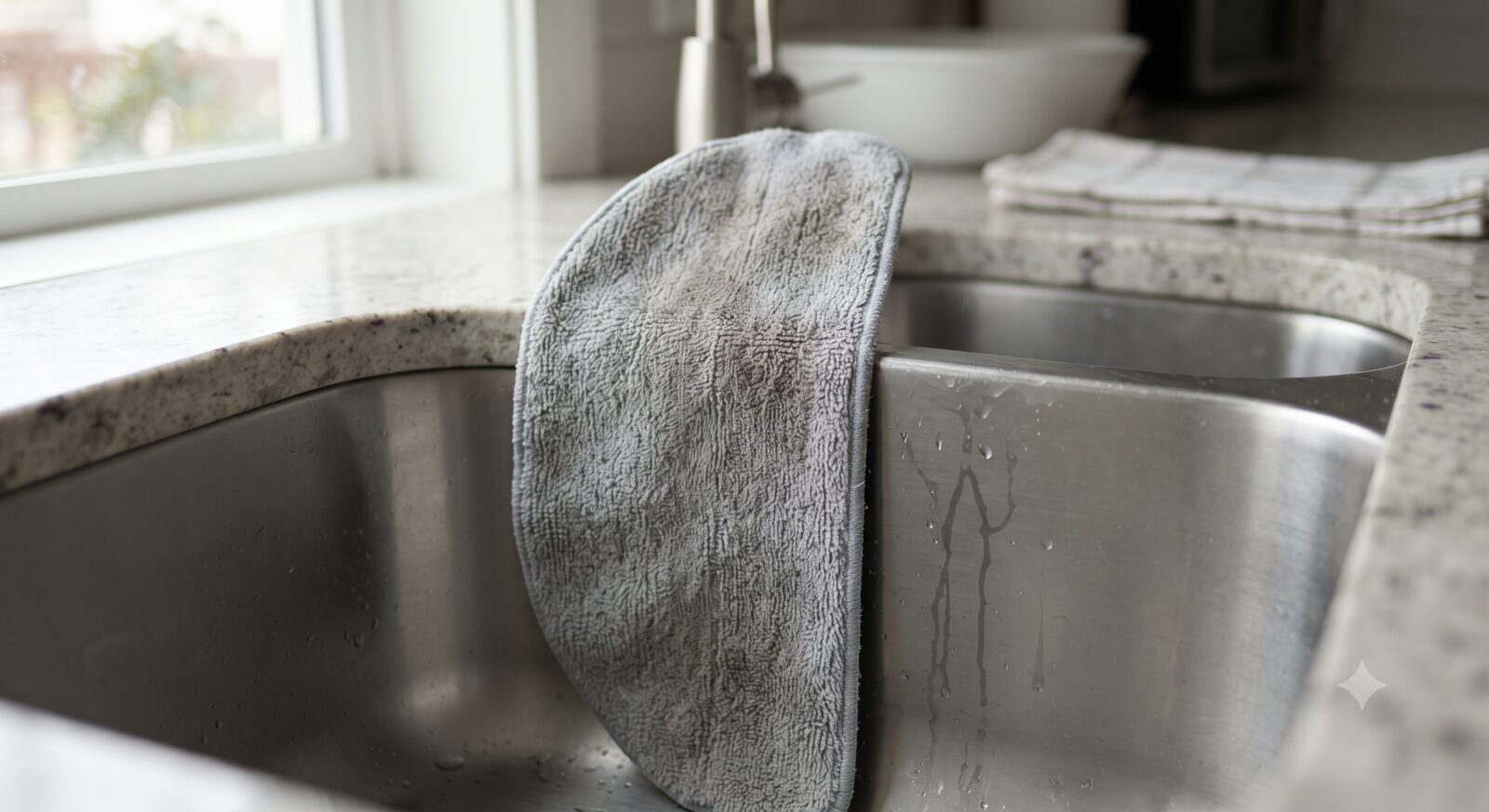 Microfiber mop pad hanging to air dry over a sink