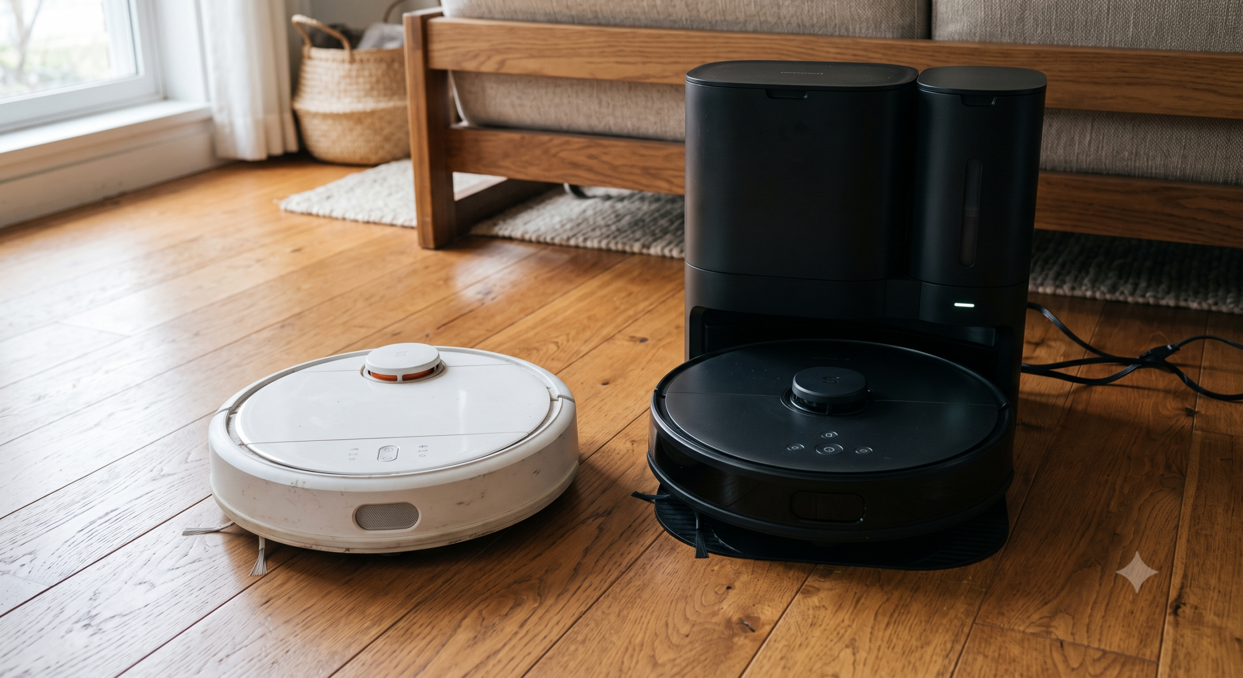 An older simple robot vacuum next to a newer robot vacuum with a self-empty base station