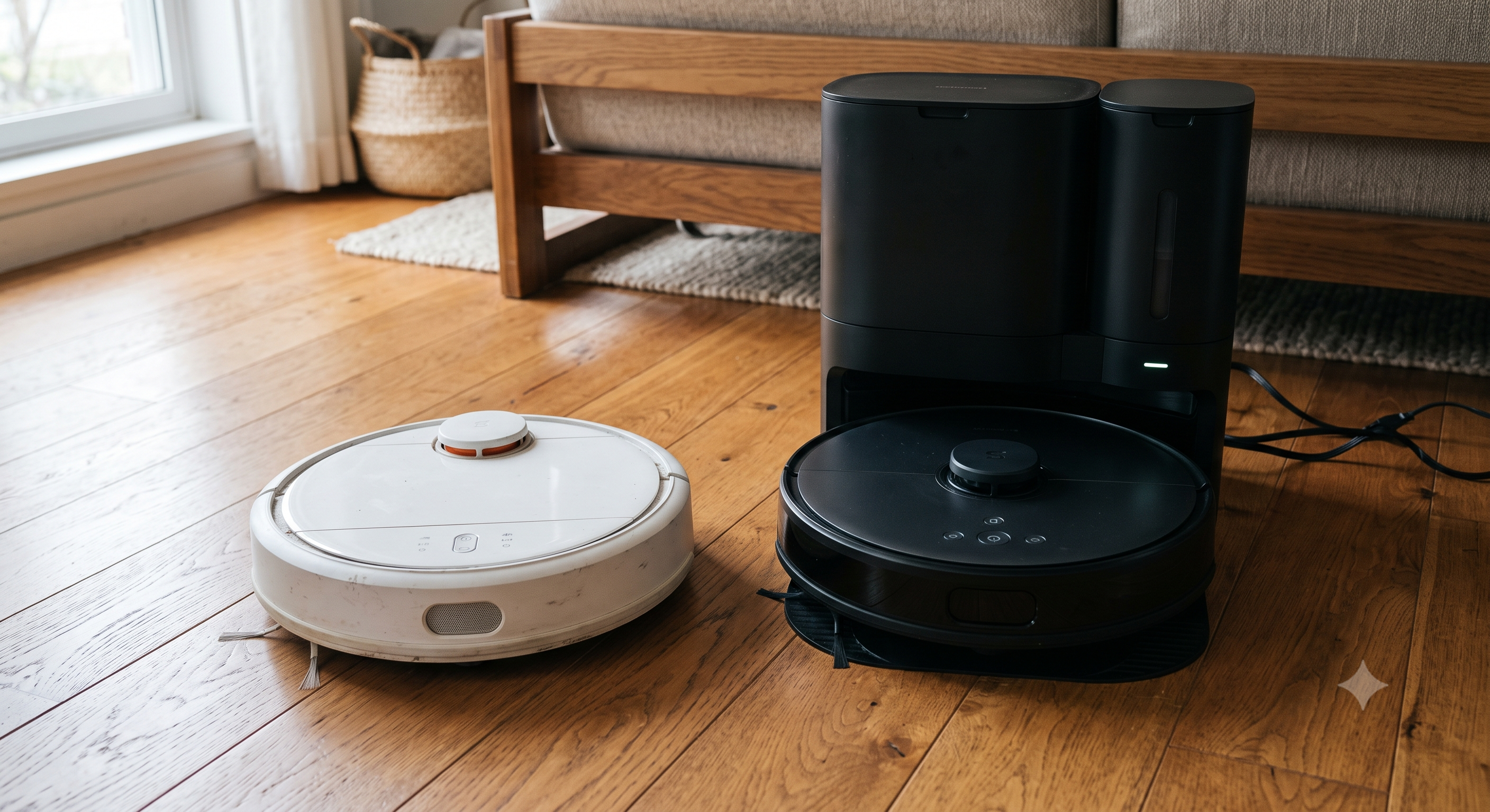 An older simple robot vacuum next to a newer robot vacuum with a self-empty base station