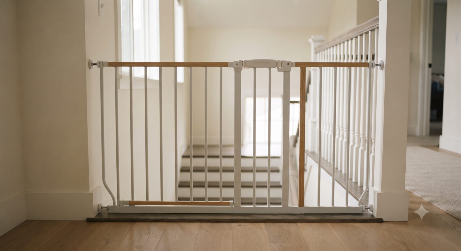 Pressure-mounted safety gate at the top of a staircase