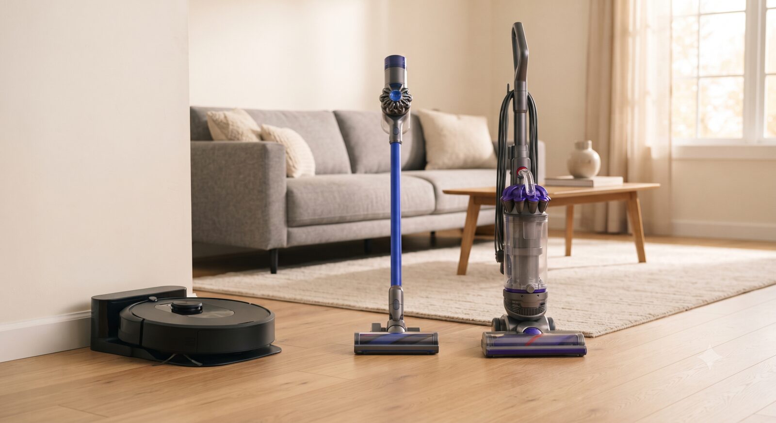 Robot, stick, and upright vacuums side by side