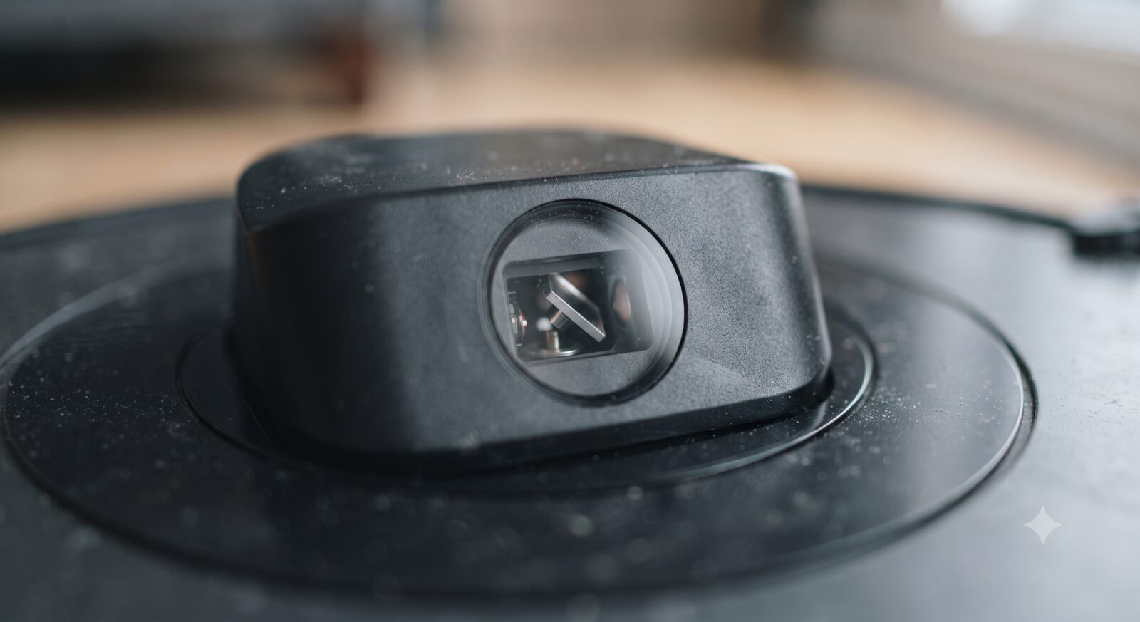 Extreme close-up of a robot vacuum rotating LiDAR turret sensor