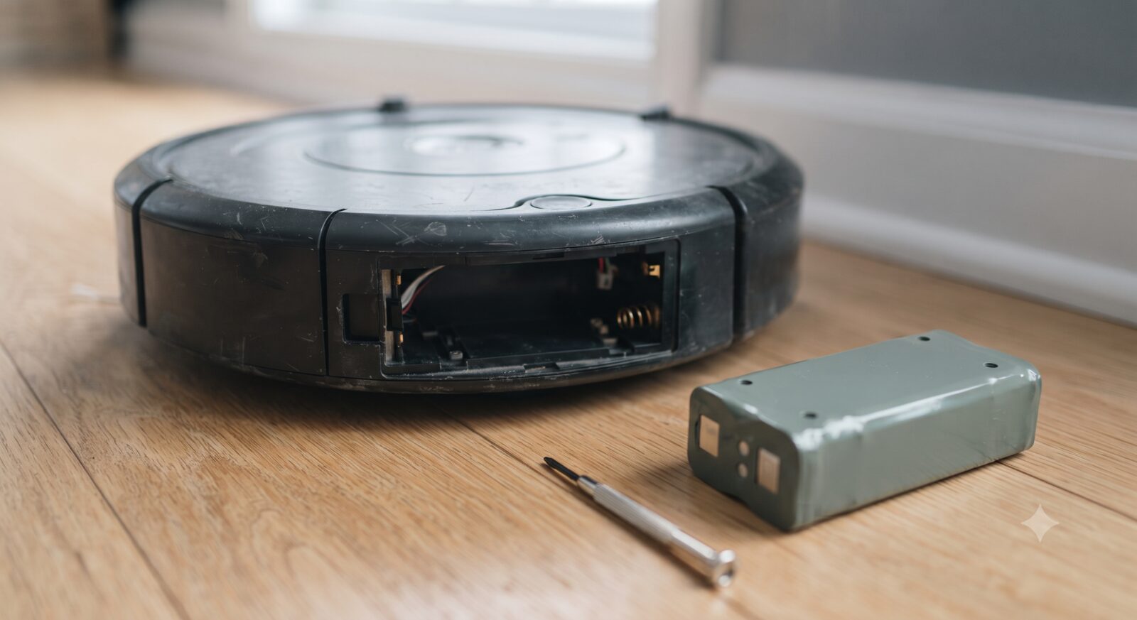 An older worn robot vacuum with its battery compartment open next to a replacement battery