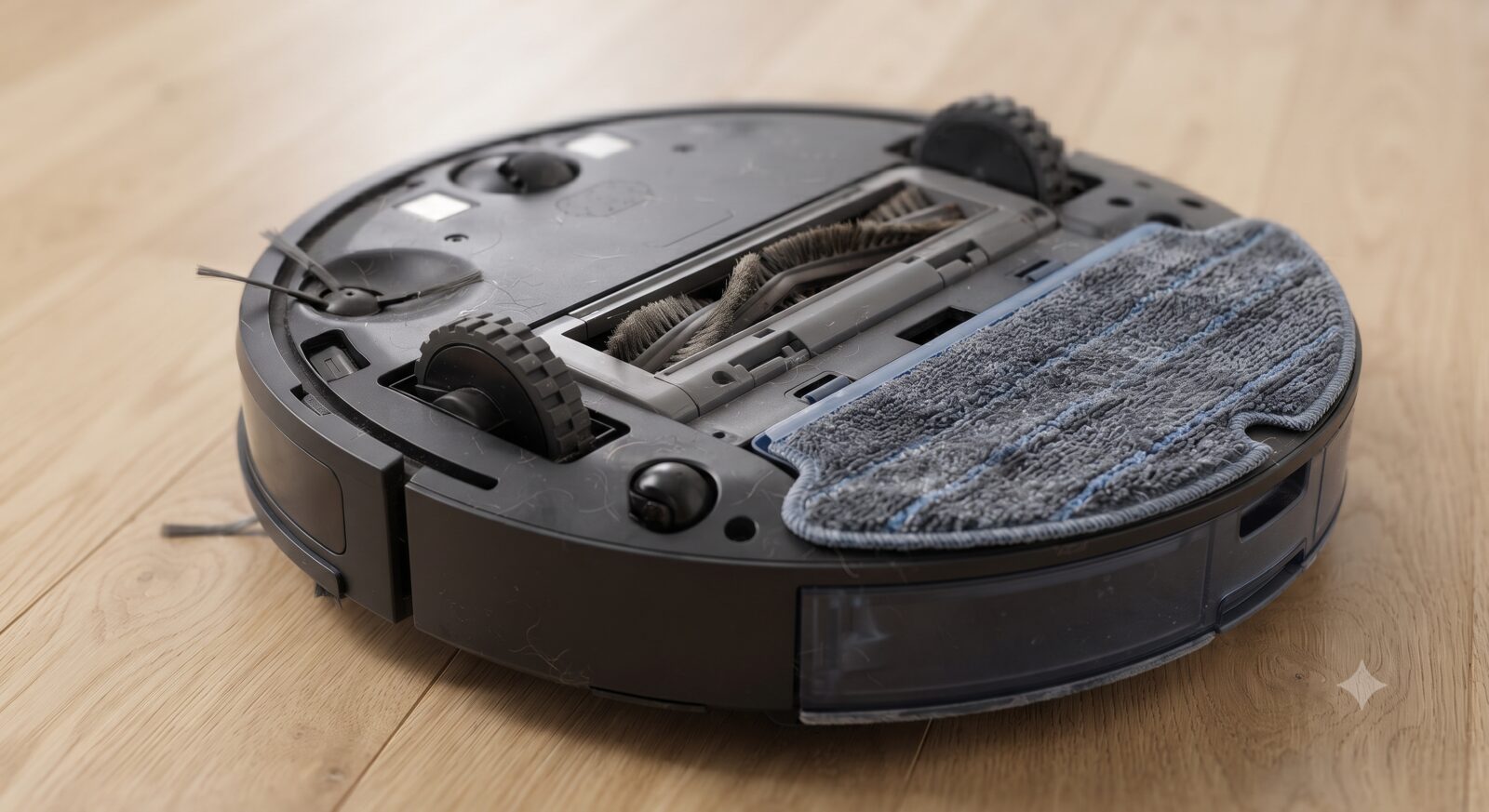 Underside of a 2-in-1 robot vacuum and mop hybrid showing brush roller and mop pad