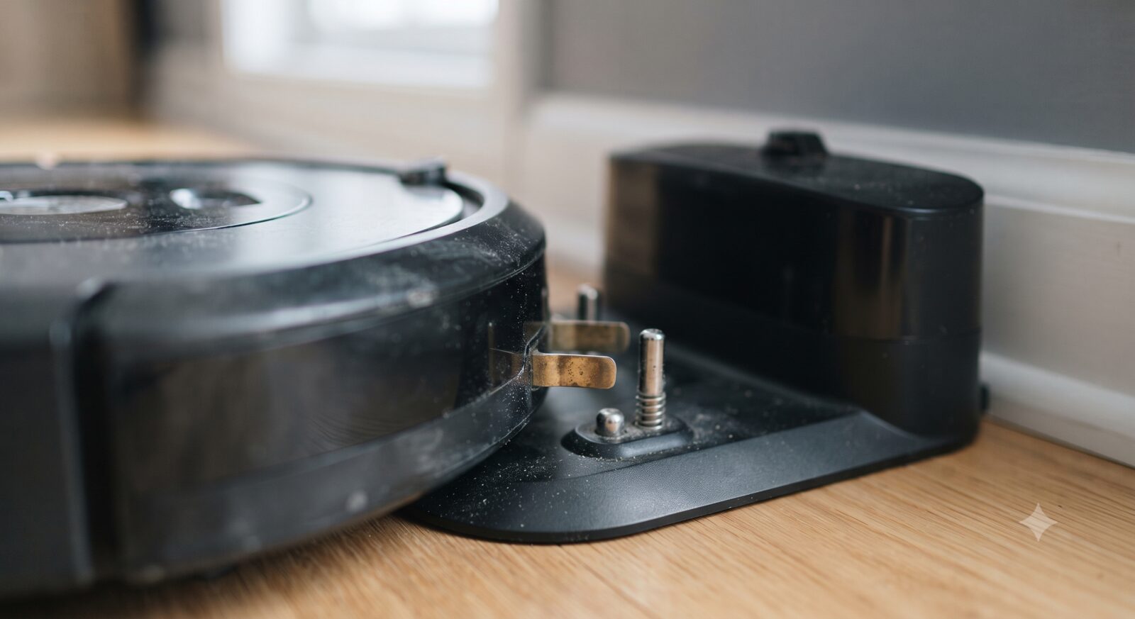 Close-up of robot vacuum and dock charging contacts with dust residue on the metal pins